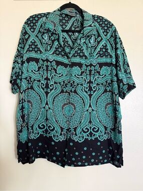 Vintage Carole Little Black & Teal Paisley Blouse Size XL/1X